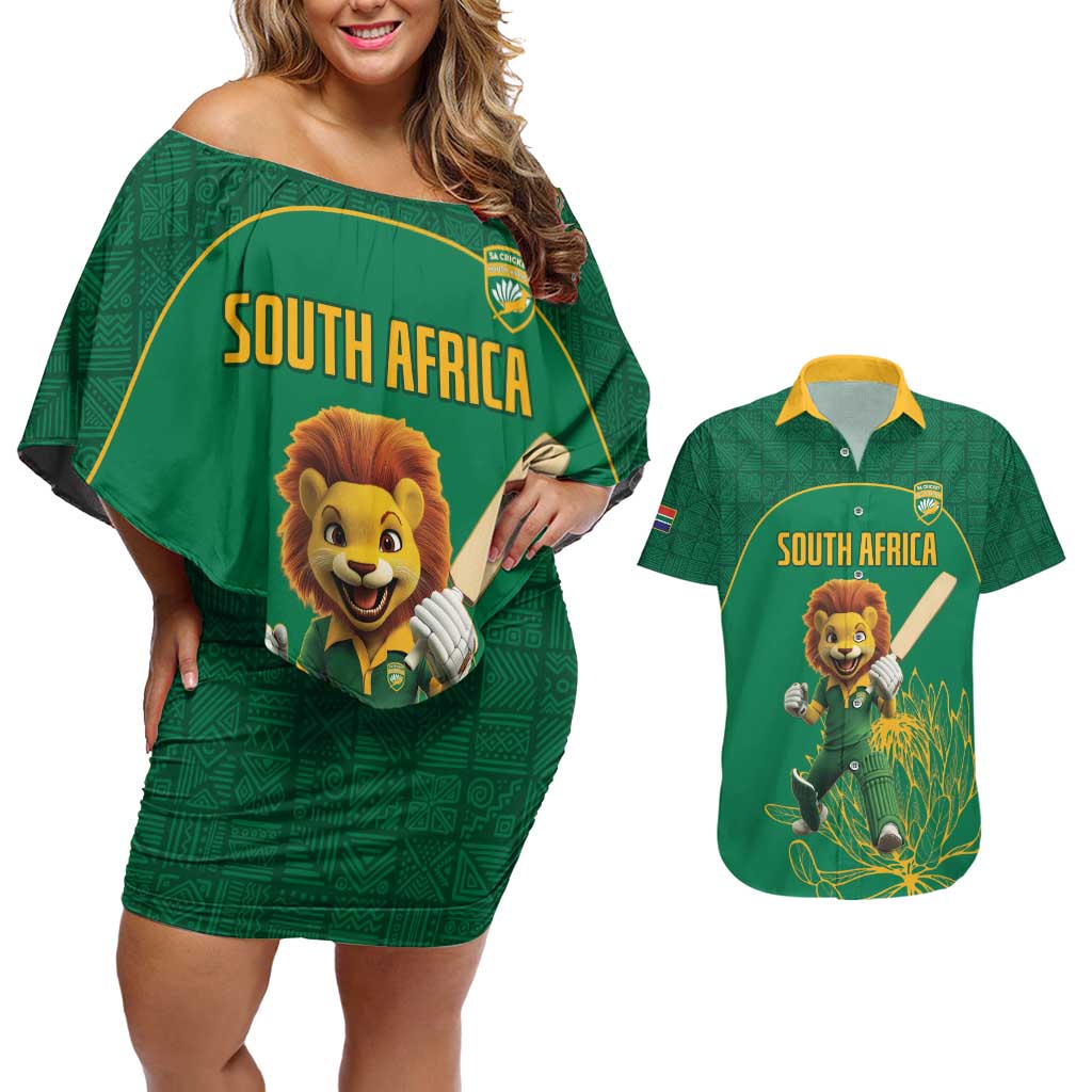 Custom South Africa Cricket Couples Matching Off Shoulder Short Dress and Hawaiian Shirt Lion Mascot With Protea - Wonder Print Shop