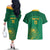 Custom South Africa Cricket Couples Matching Off The Shoulder Long Sleeve Dress and Hawaiian Shirt Lion Mascot With Protea - Wonder Print Shop