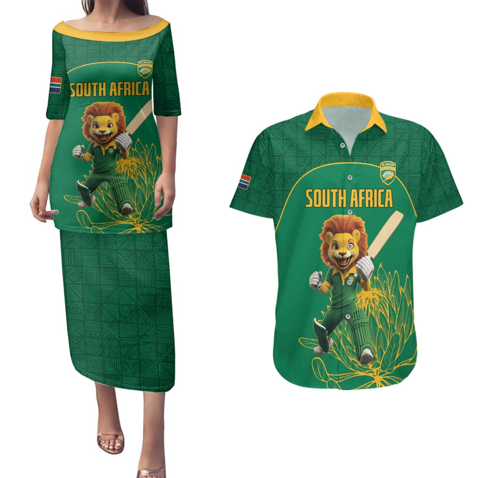 Custom South Africa Cricket Couples Matching Puletasi and Hawaiian Shirt Lion Mascot With Protea - Wonder Print Shop