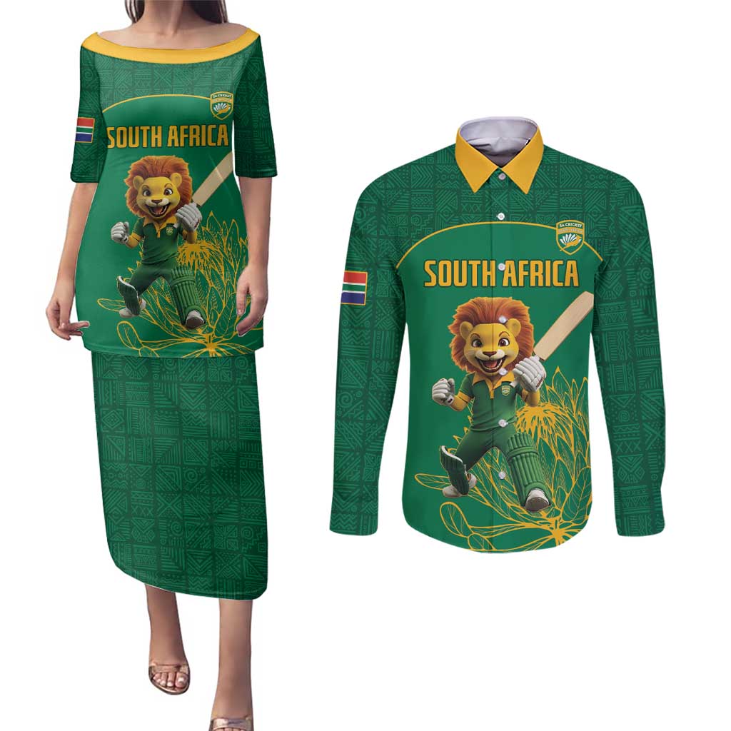 Custom South Africa Cricket Couples Matching Puletasi and Long Sleeve Button Shirt Lion Mascot With Protea - Wonder Print Shop