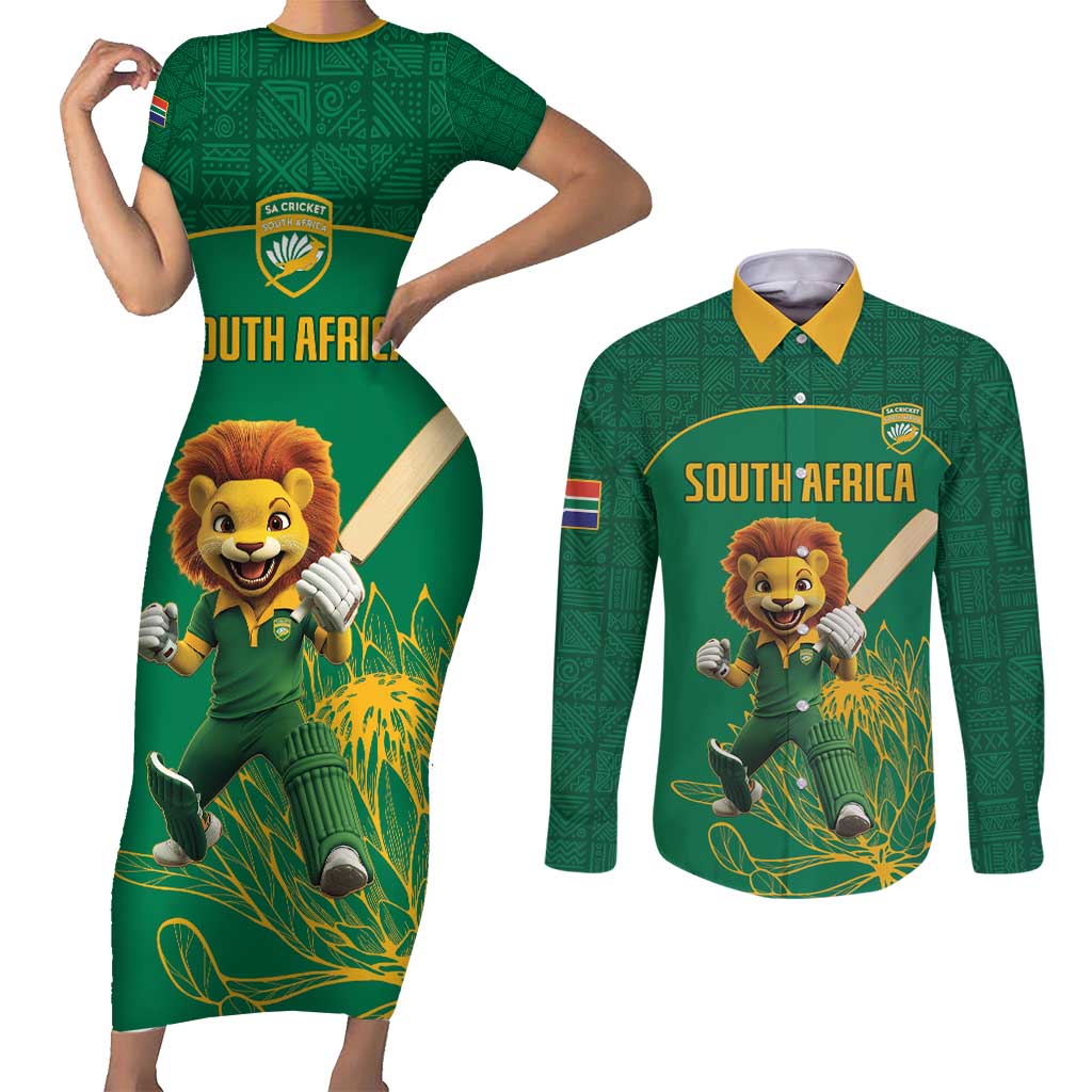 Custom South Africa Cricket Couples Matching Short Sleeve Bodycon Dress and Long Sleeve Button Shirt Lion Mascot With Protea - Wonder Print Shop