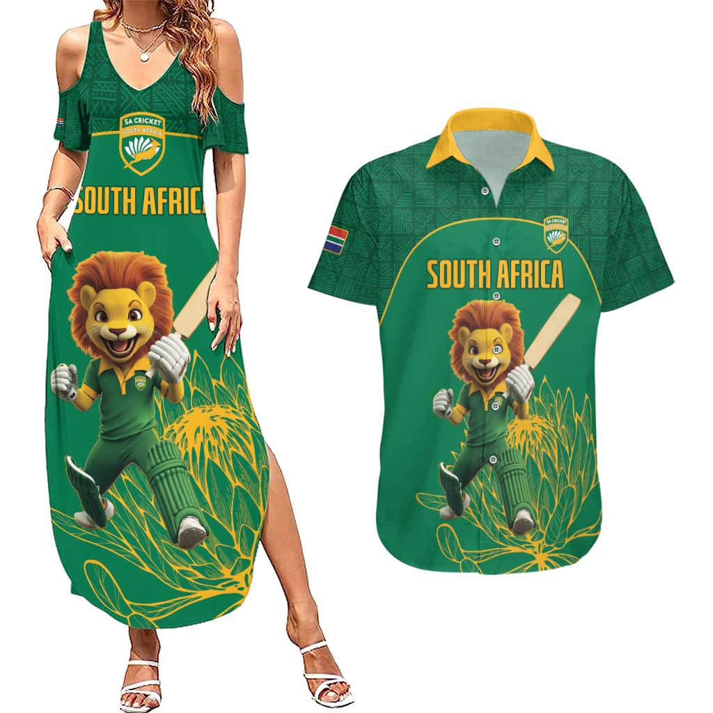 Custom South Africa Cricket Couples Matching Summer Maxi Dress and Hawaiian Shirt Lion Mascot With Protea - Wonder Print Shop