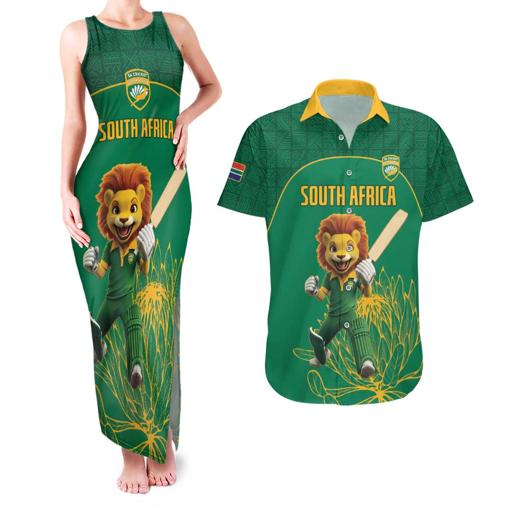 Custom South Africa Cricket Couples Matching Tank Maxi Dress and Hawaiian Shirt Lion Mascot With Protea - Wonder Print Shop