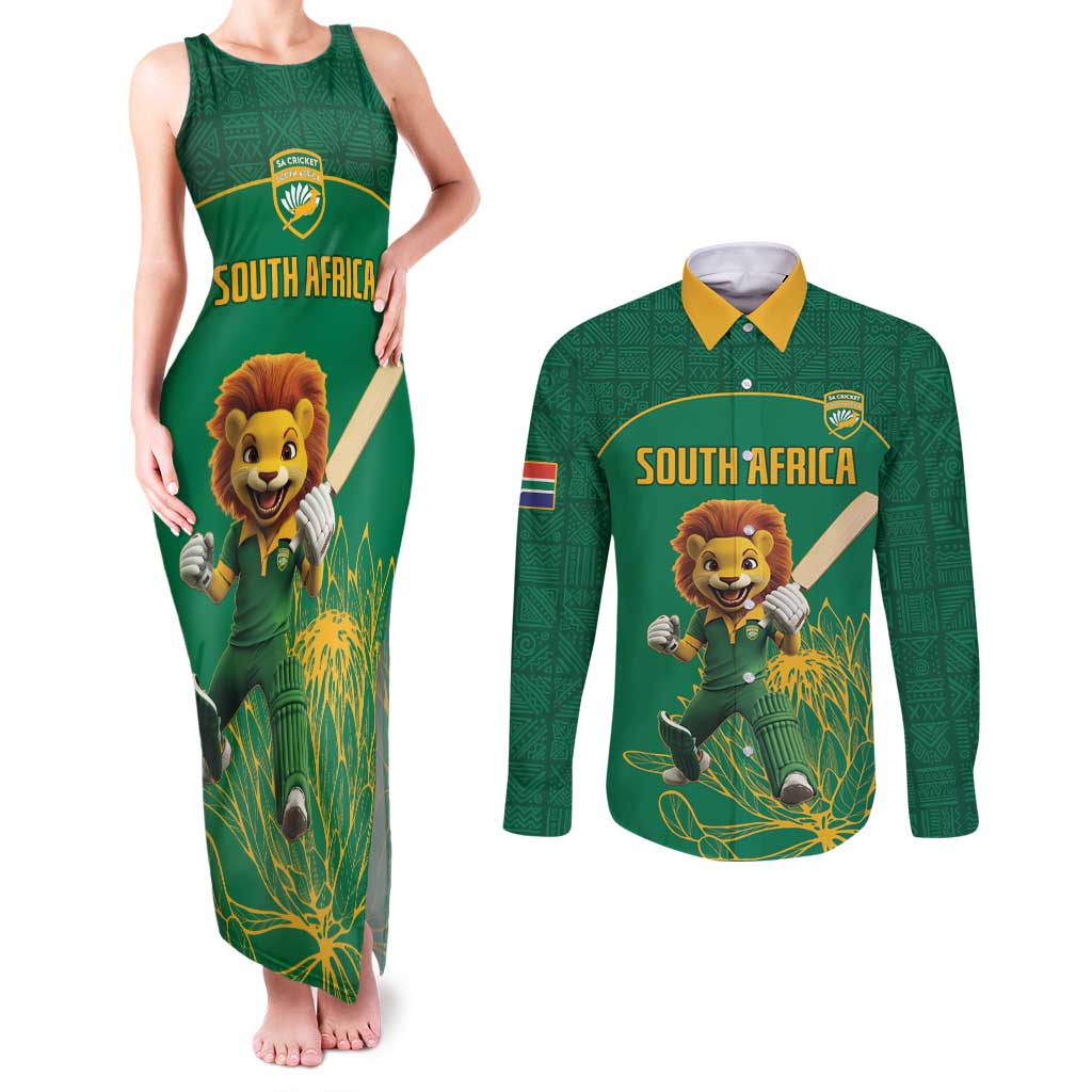 Custom South Africa Cricket Couples Matching Tank Maxi Dress and Long Sleeve Button Shirt Lion Mascot With Protea - Wonder Print Shop