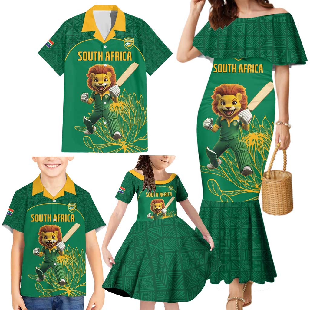 Custom South Africa Cricket Family Matching Mermaid Dress and Hawaiian Shirt Lion Mascot With Protea - Wonder Print Shop