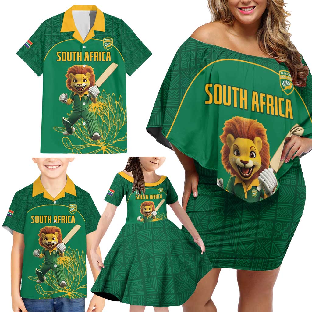 Custom South Africa Cricket Family Matching Off Shoulder Short Dress and Hawaiian Shirt Lion Mascot With Protea - Wonder Print Shop