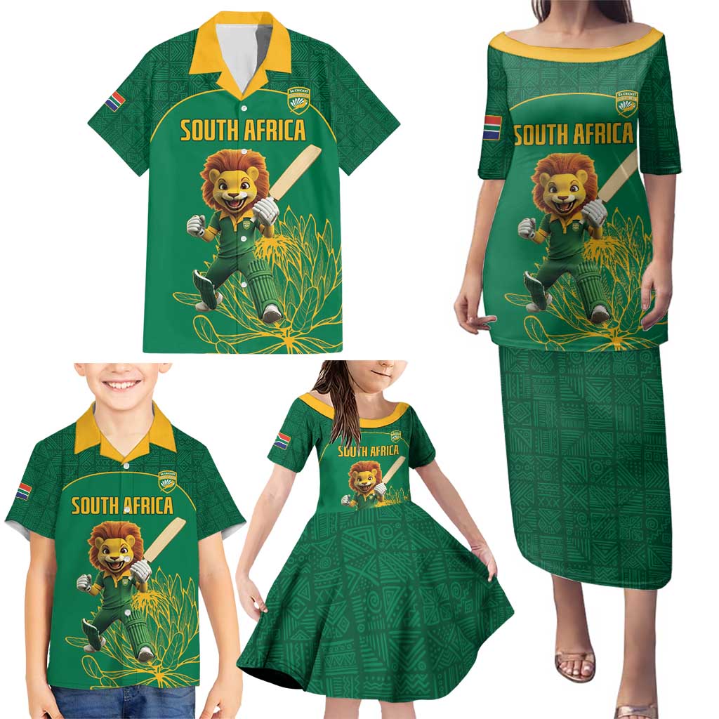 Custom South Africa Cricket Family Matching Puletasi and Hawaiian Shirt Lion Mascot With Protea - Wonder Print Shop