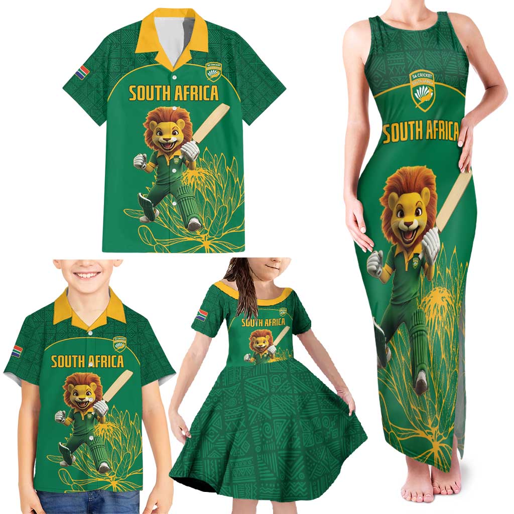 Custom South Africa Cricket Family Matching Tank Maxi Dress and Hawaiian Shirt Lion Mascot With Protea - Wonder Print Shop