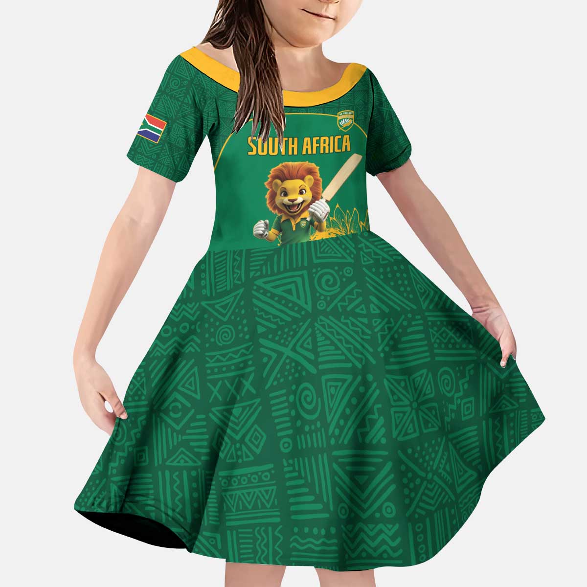 Custom South Africa Cricket Kid Short Sleeve Dress Lion Mascot With Protea - Wonder Print Shop