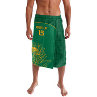 Green cricket lavalava shorts with elastic waistband, yellow crest and number 15