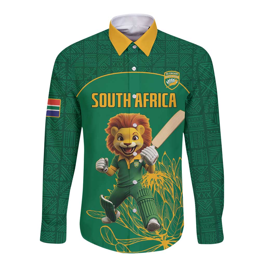 Green long-sleeve button cricket shirt with yellow collar, lion mascot front graphic