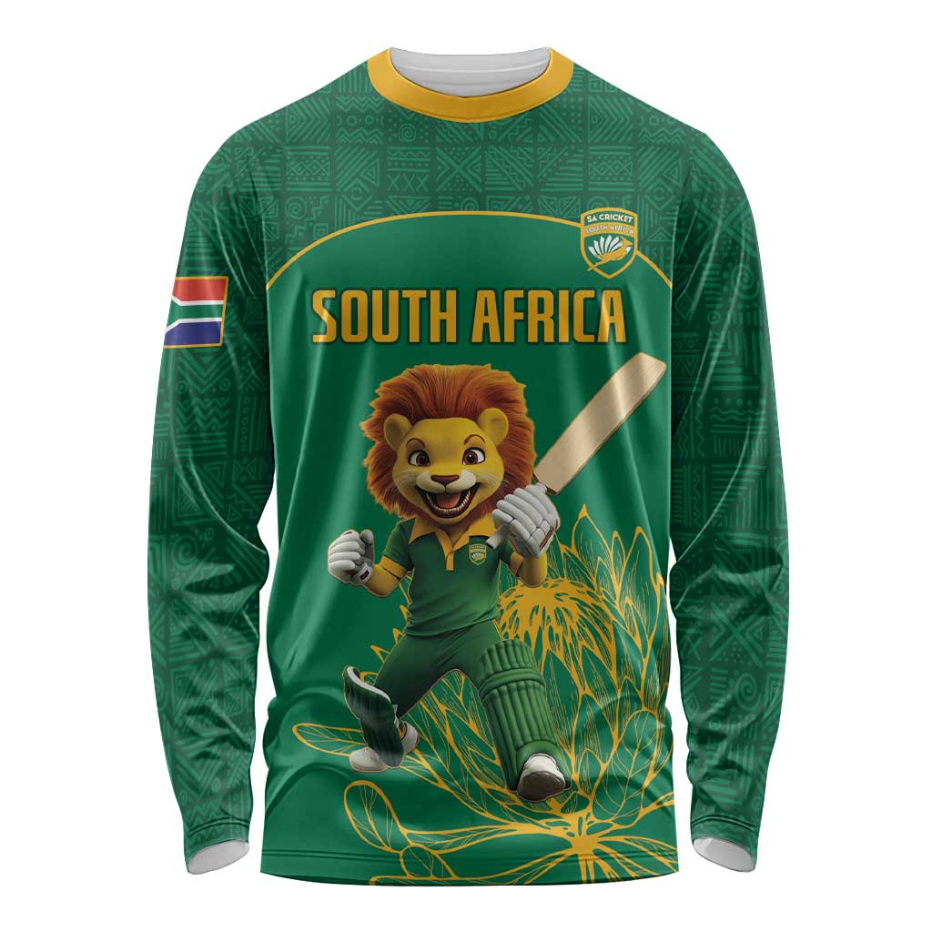 Custom South Africa Cricket Long Sleeve Shirt Lion Mascot With Protea - Wonder Print Shop