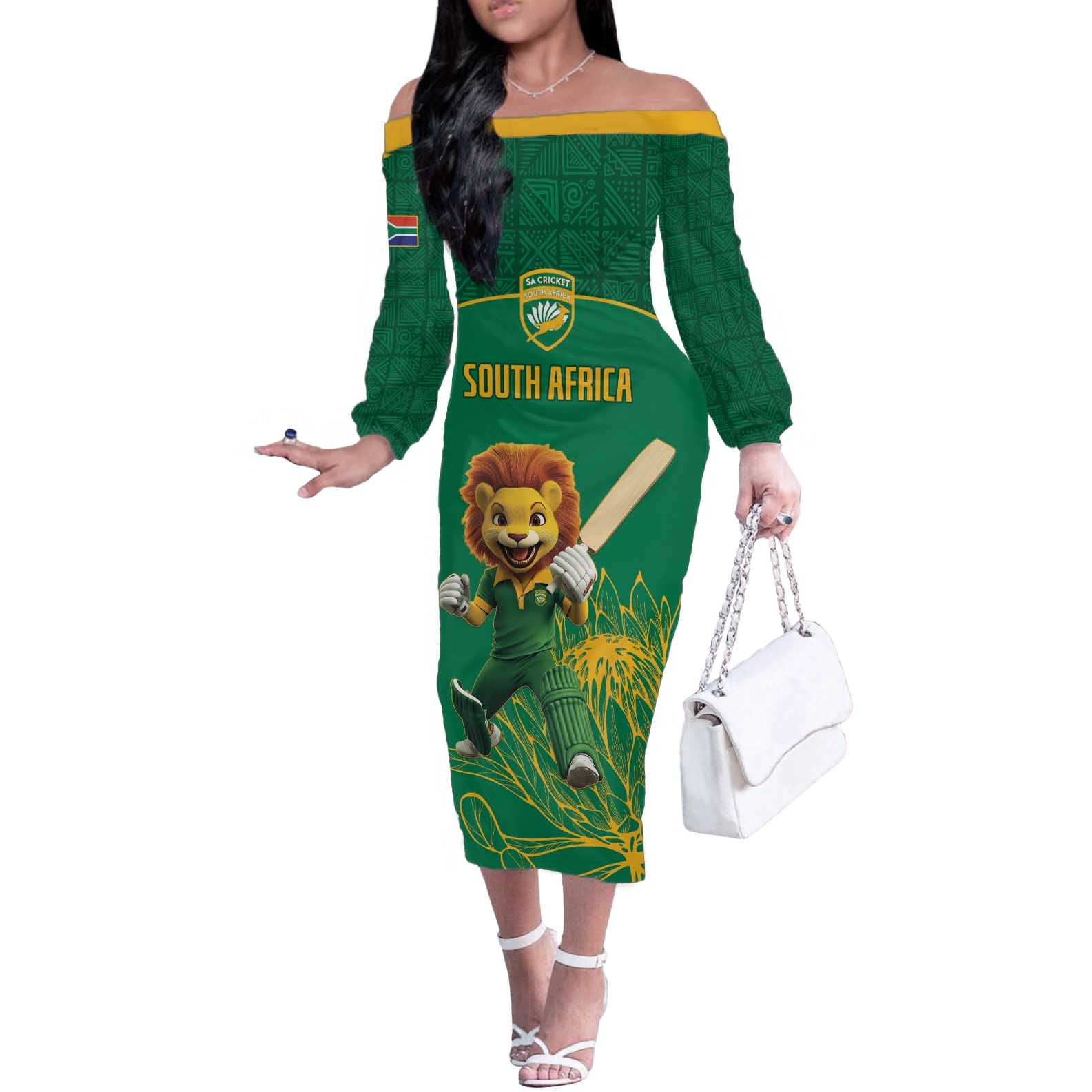 Custom South Africa Cricket Off The Shoulder Long Sleeve Dress Lion Mascot With Protea - Wonder Print Shop