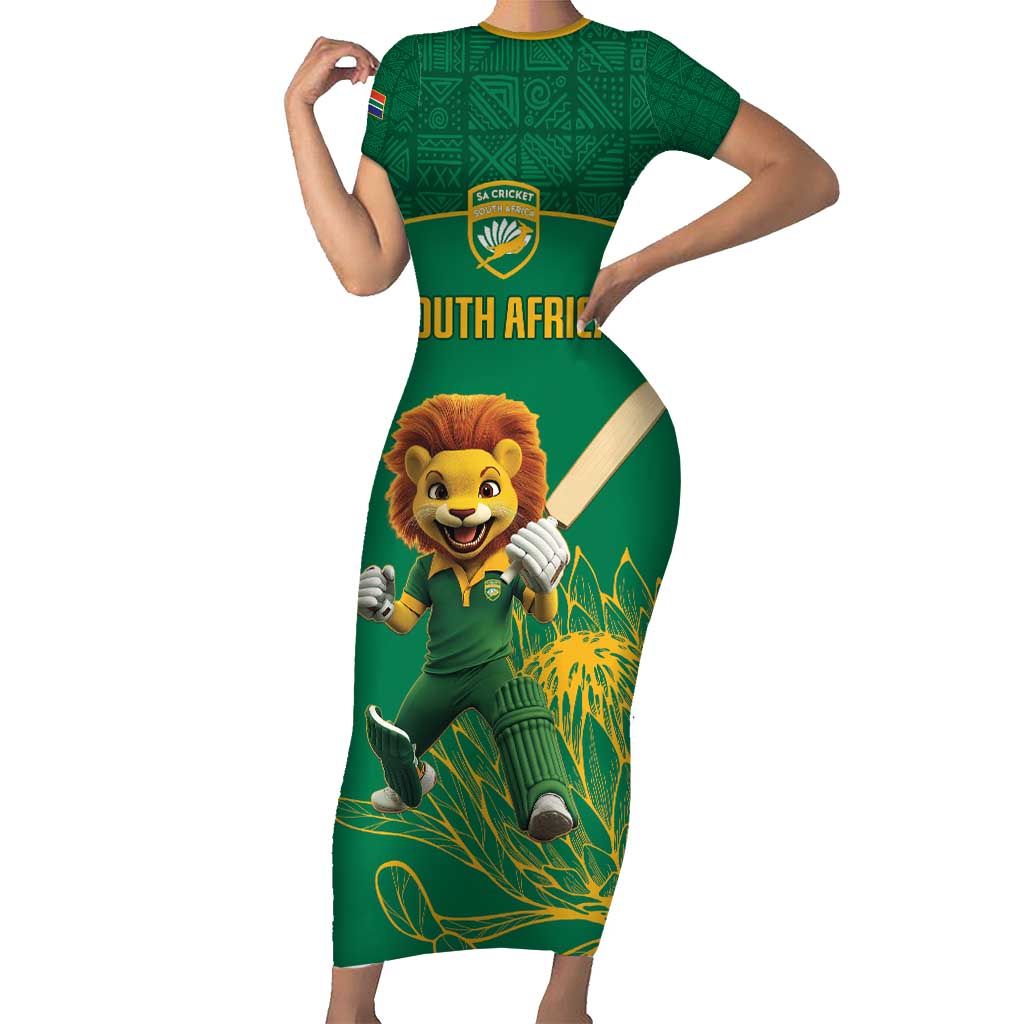 Custom South Africa Cricket Short Sleeve Bodycon Dress Lion Mascot With Protea - Wonder Print Shop