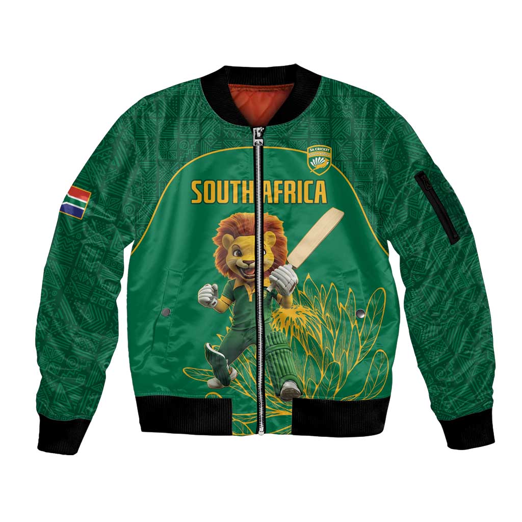 Custom South Africa Cricket Sleeve Zip Bomber Jacket Lion Mascot With Protea - Wonder Print Shop