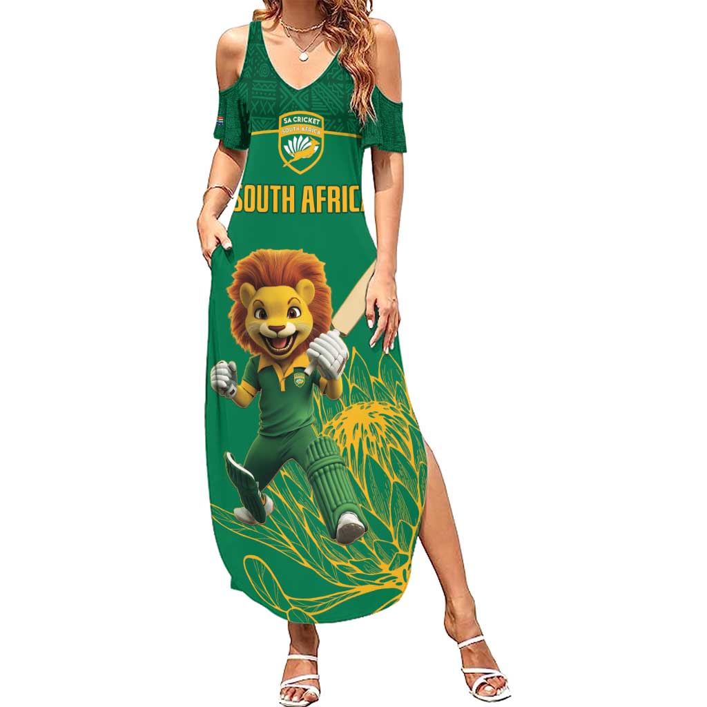 Custom South Africa Cricket Summer Maxi Dress Lion Mascot With Protea - Wonder Print Shop