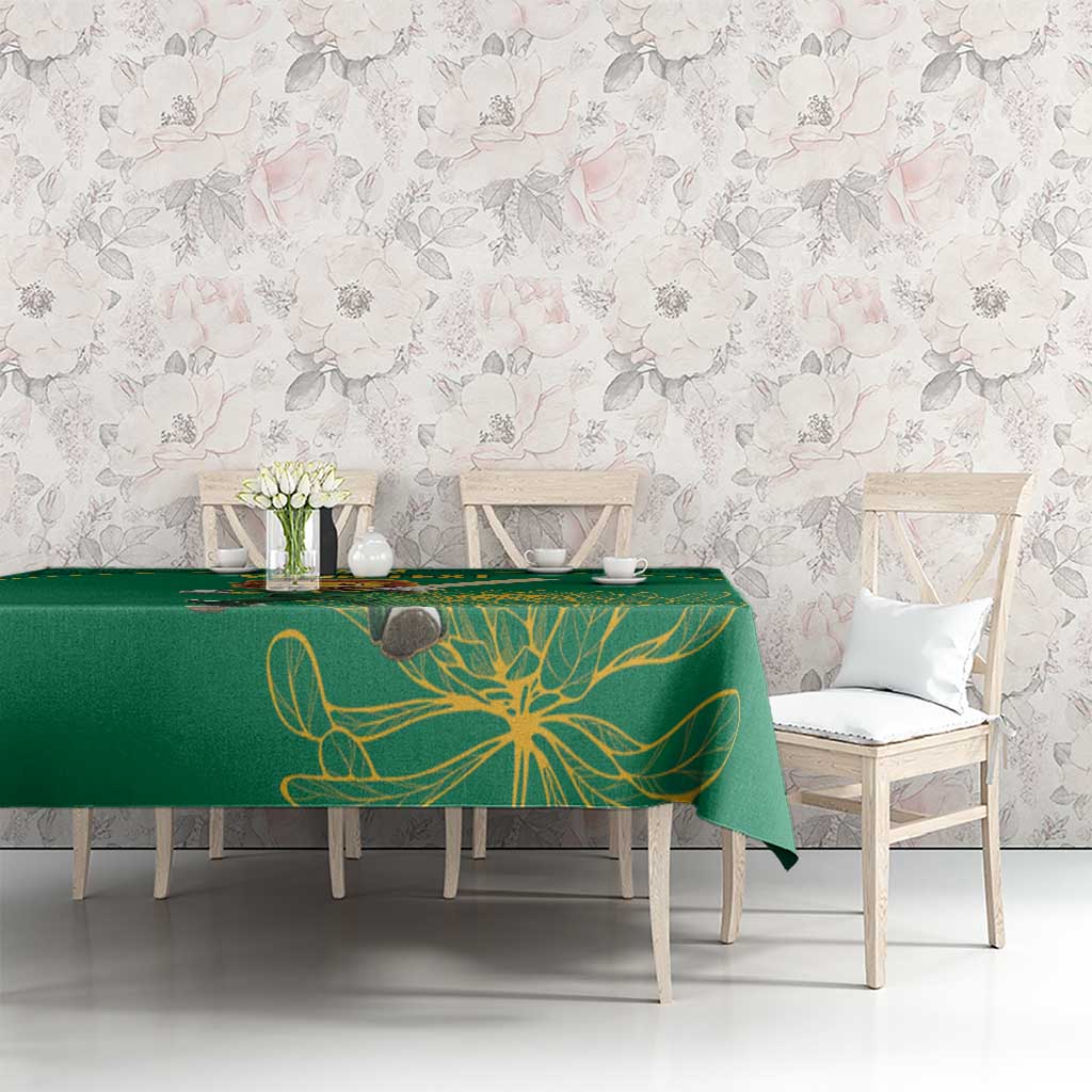 Green cricket tablecloth with gold floral protea-themed design and border