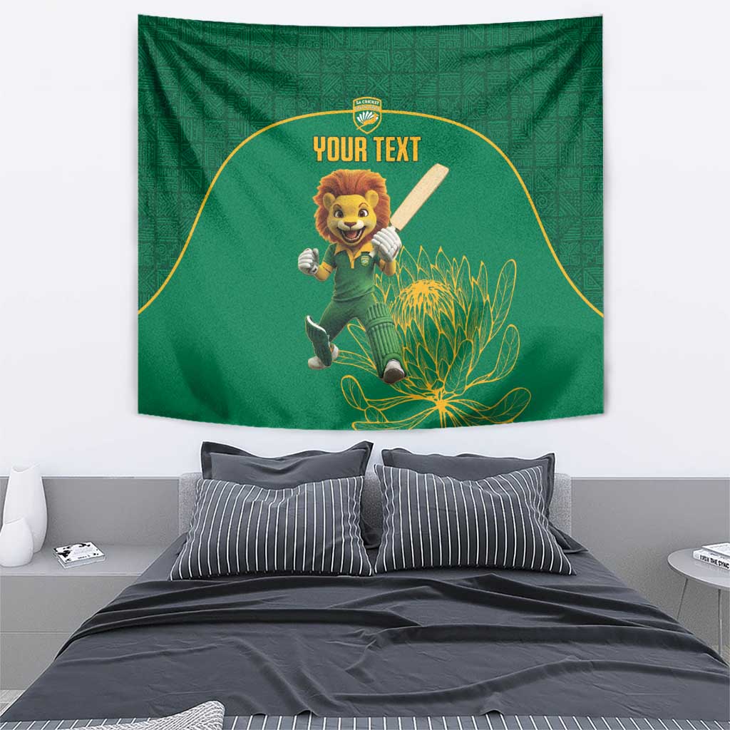 Green cricket tapestry featuring running lion mascot, protea artwork and Your Text header