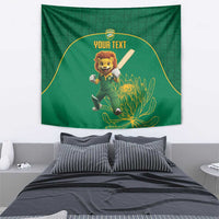 Green cricket tapestry featuring running lion mascot, protea artwork and Your Text header