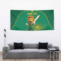 Green custom cricket tapestry with lion mascot running, protea graphic and Your Text