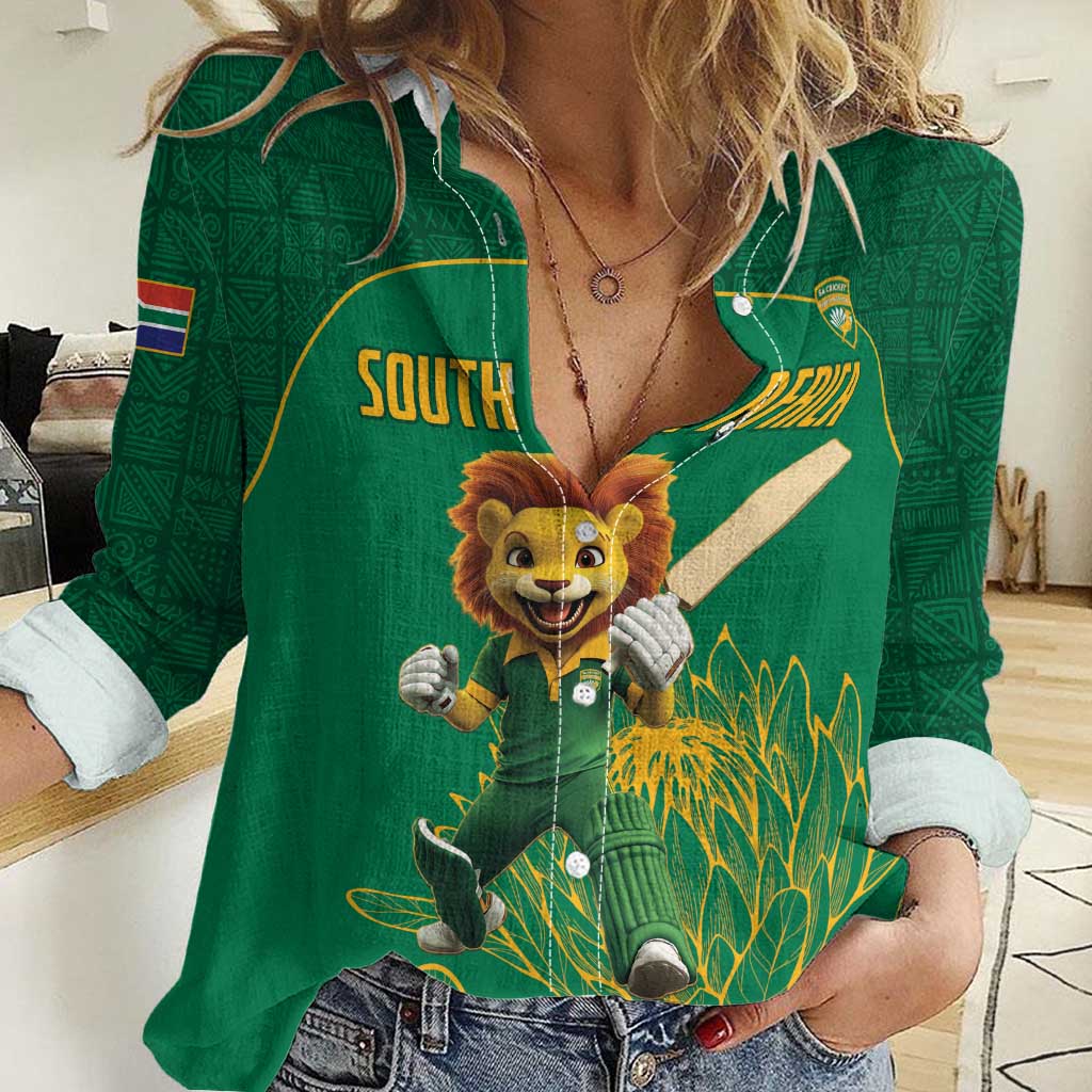 Custom South Africa Cricket Women Casual Shirt Lion Mascot With Protea