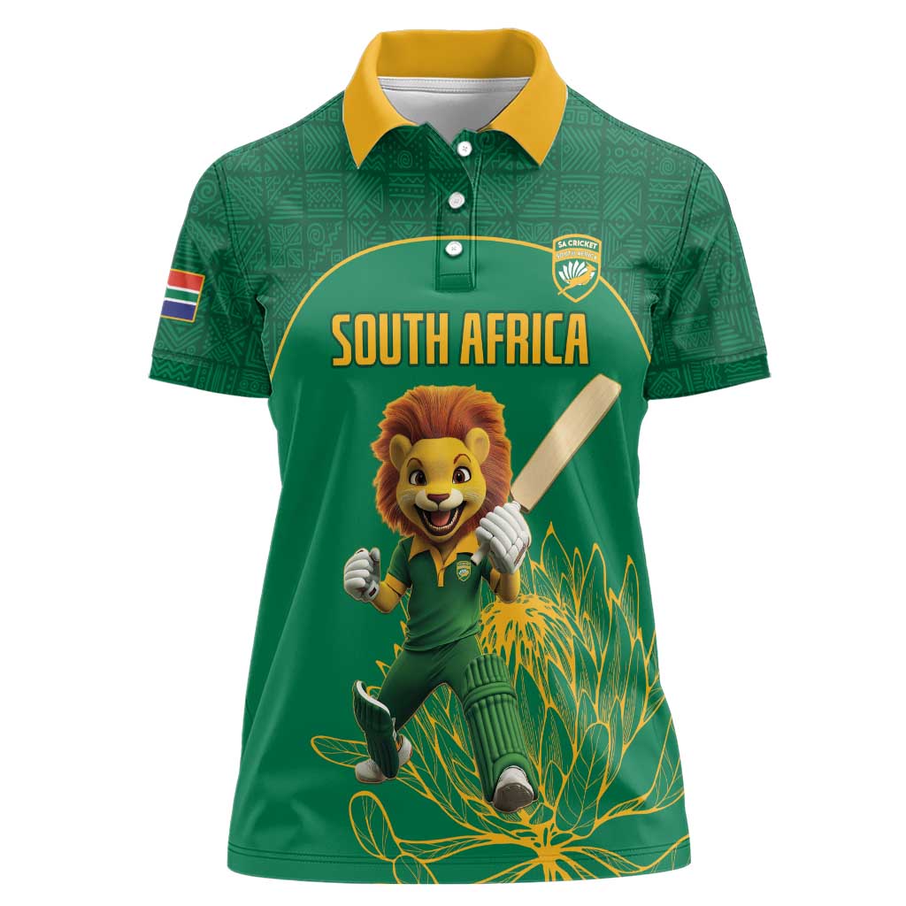 Custom South Africa Cricket Women Polo Shirt Lion Mascot With Protea - Wonder Print Shop