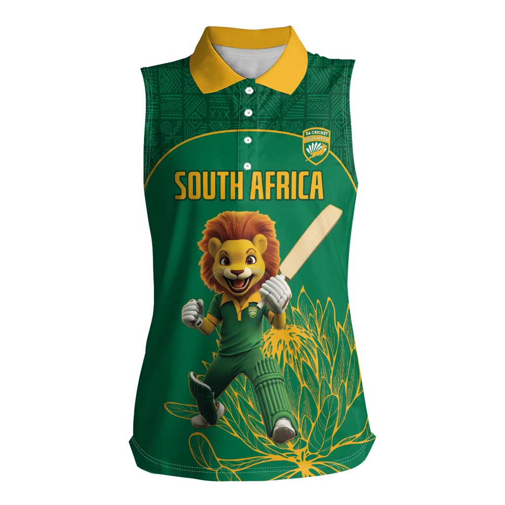 Custom South Africa Cricket Women Sleeveless Polo Shirt Lion Mascot With Protea - Wonder Print Shop