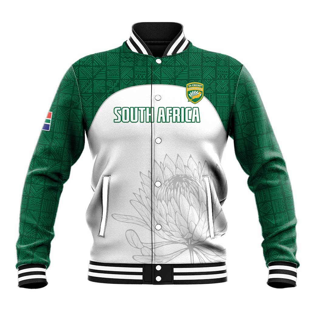 South Africa cricket baseball jacket: white body, green sleeves, striped rib trim