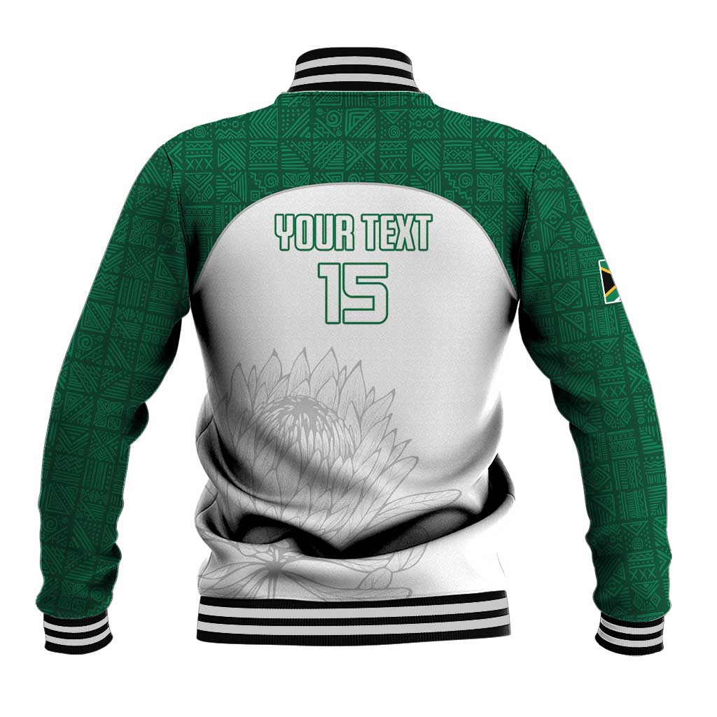 Cricket baseball jacket back: white panel with green sleeves, leaf graphic, number 15