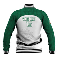Cricket baseball jacket back: white panel with green sleeves, leaf graphic, number 15