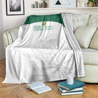 Custom cricket blanket with white base, green border, crest, and gray protea outline; YOUR TEXT