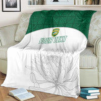 Custom South Africa cricket blanket with white fabric, green top panel, crest, gray protea design