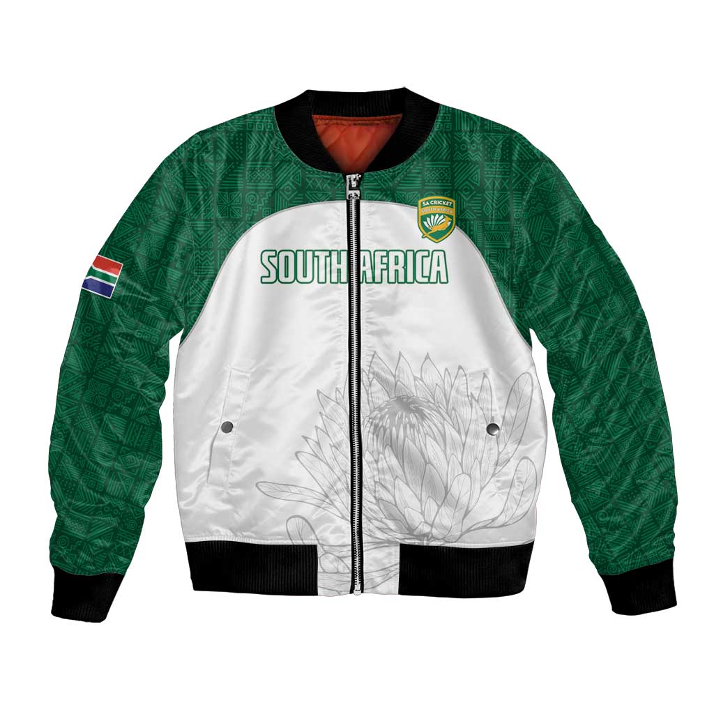 South Africa themed bomber jacket, green sleeves, white front, full zip, ribbed cuffs.
