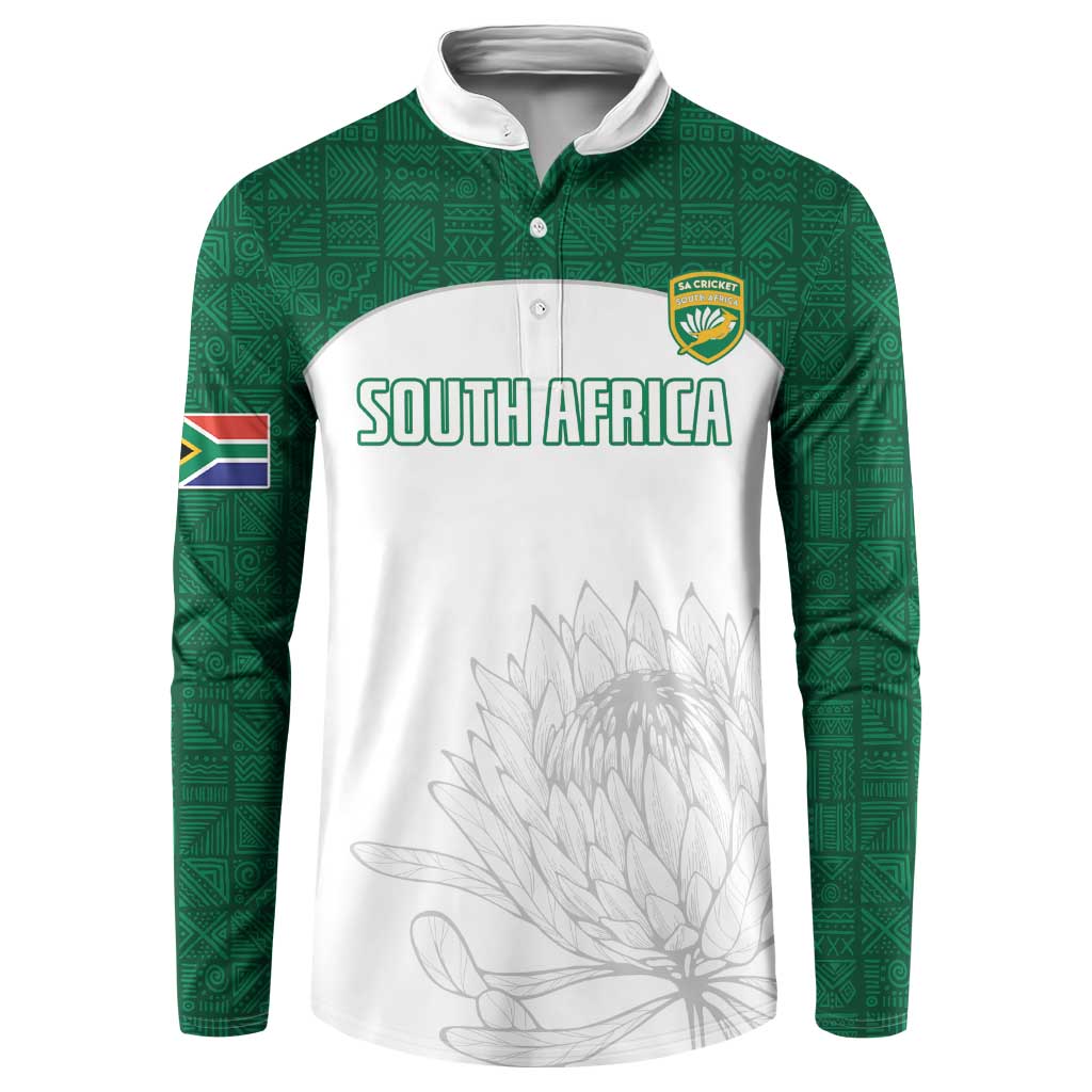 South Africa cricket button sweatshirt, green sleeves, white front with SOUTH AFRICA logo