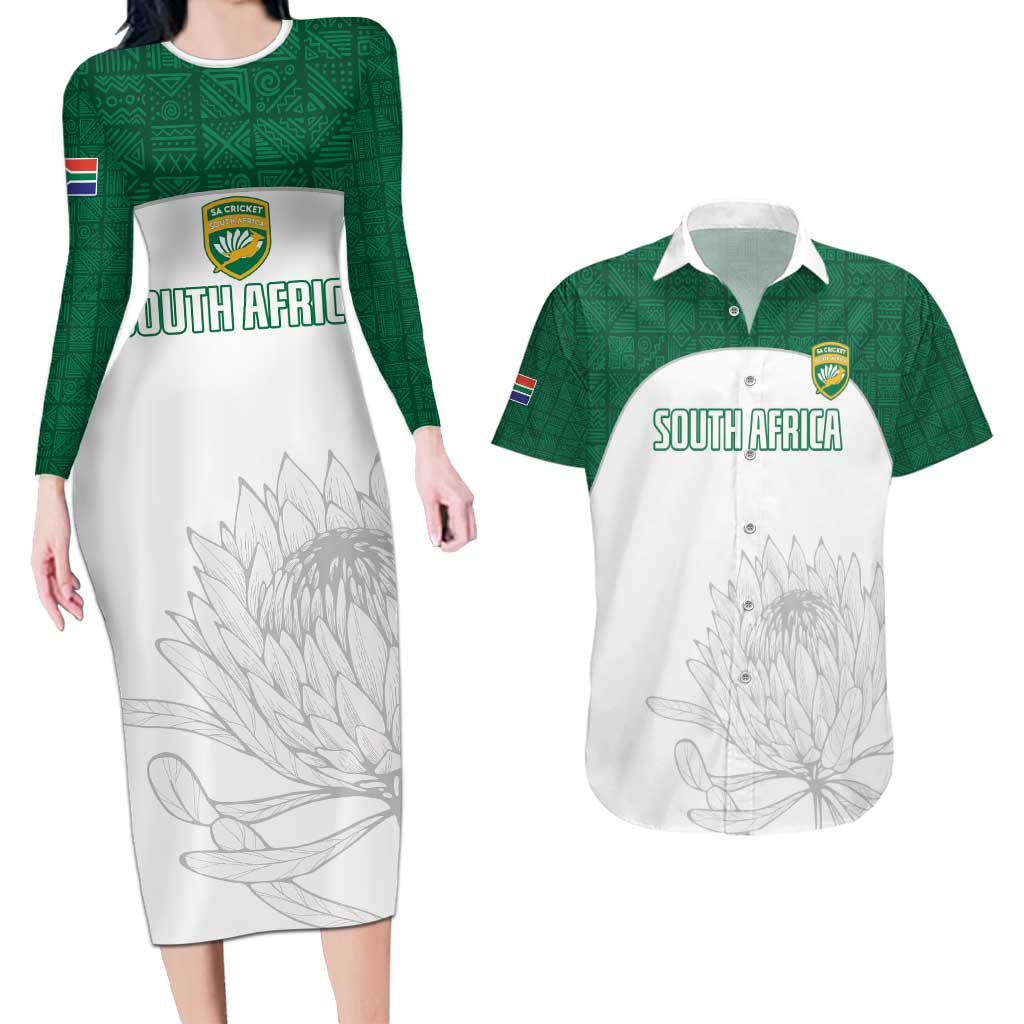 Custom South Africa Cricket Couples Matching Long Sleeve Bodycon Dress and Hawaiian Shirt Go Proteas - Wonder Print Shop