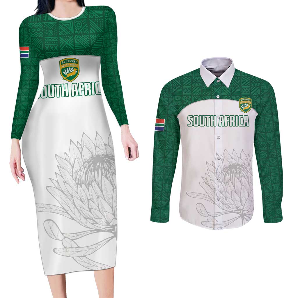 Custom South Africa Cricket Couples Matching Long Sleeve Bodycon Dress and Long Sleeve Button Shirt Go Proteas - Wonder Print Shop