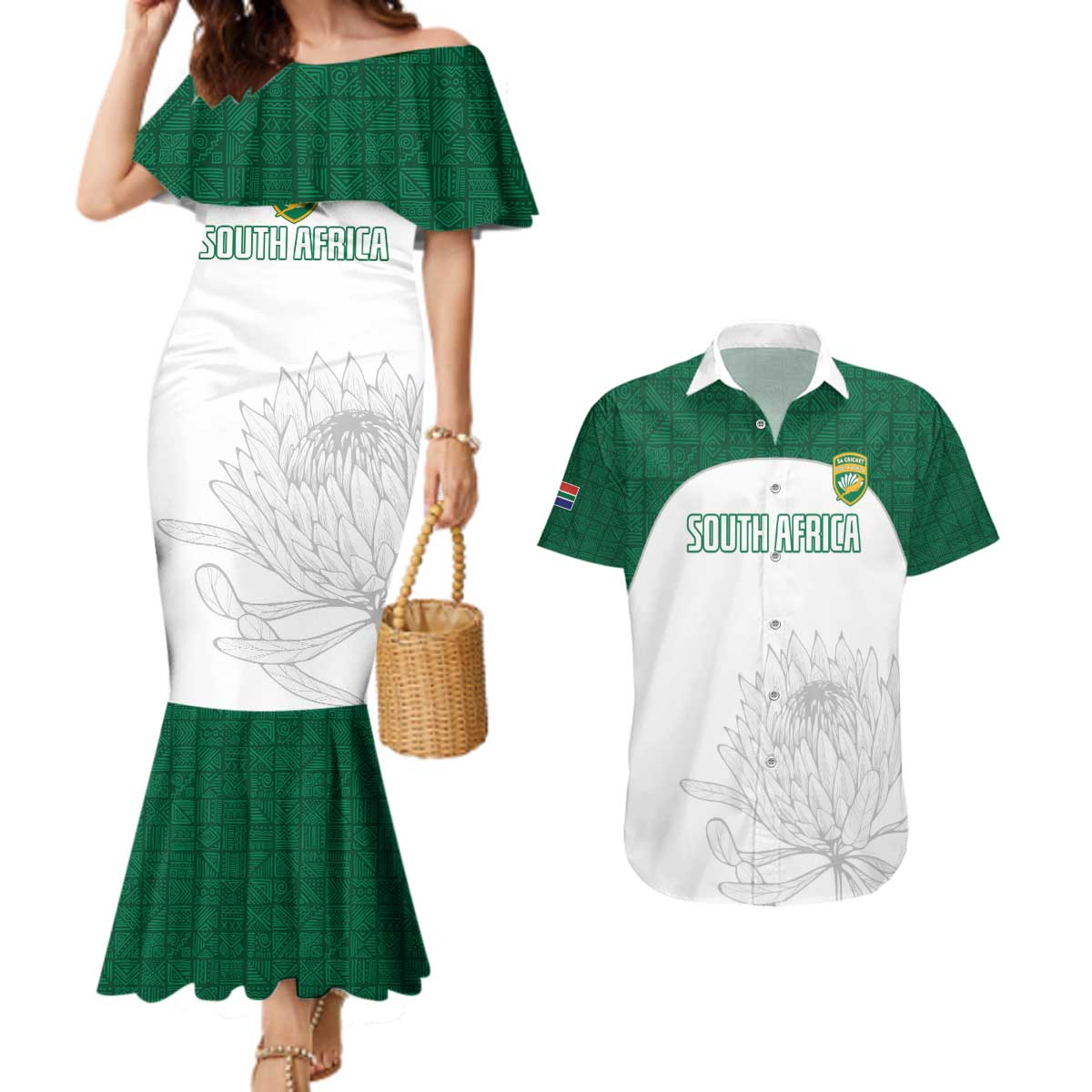 Custom South Africa Cricket Couples Matching Mermaid Dress and Hawaiian Shirt Go Proteas - Wonder Print Shop