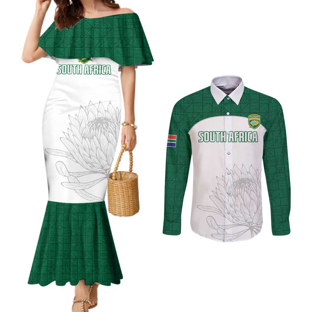 Custom South Africa Cricket Couples Matching Mermaid Dress and Long Sleeve Button Shirt Go Proteas