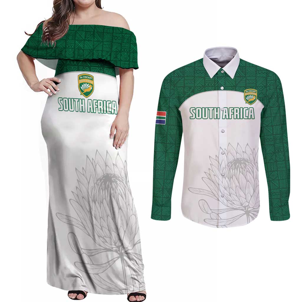 Custom South Africa Cricket Couples Matching Off Shoulder Maxi Dress and Long Sleeve Button Shirt Go Proteas - Wonder Print Shop