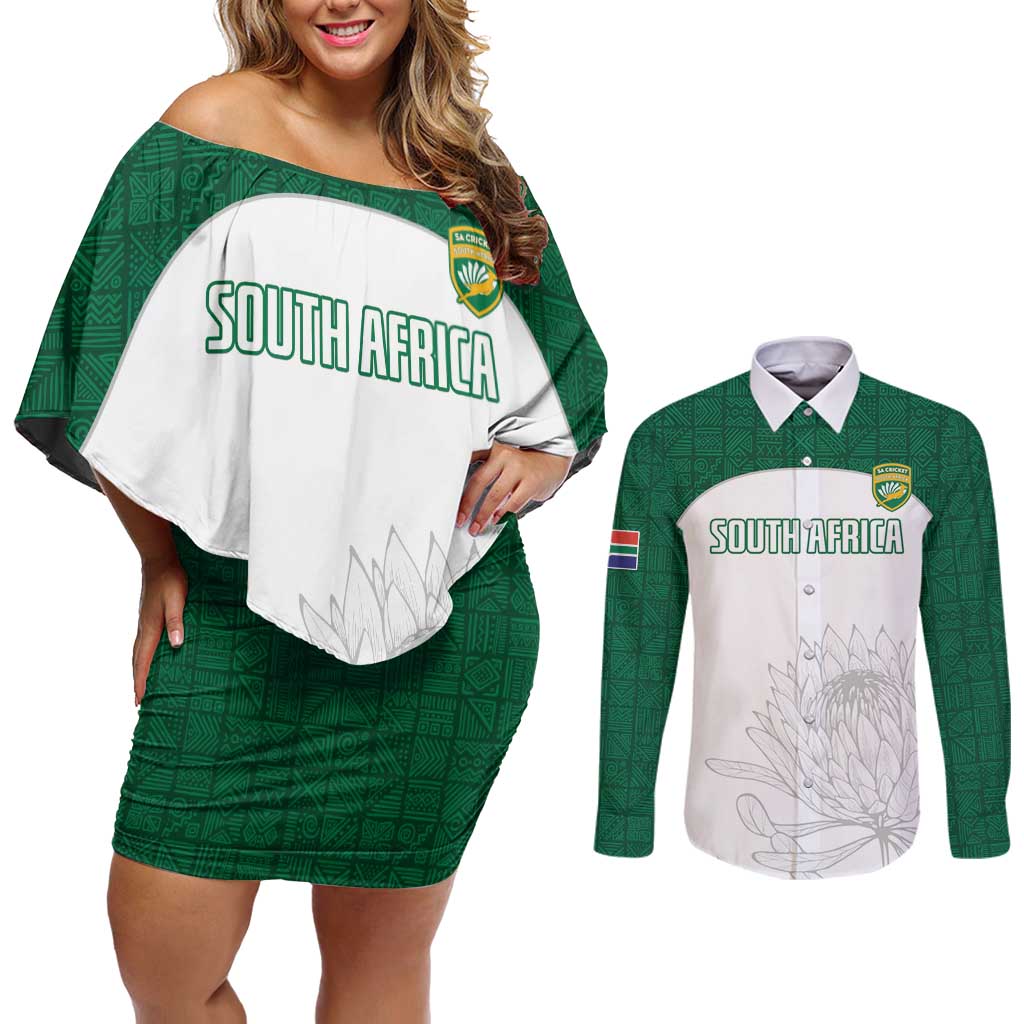 Custom South Africa Cricket Couples Matching Off Shoulder Short Dress and Long Sleeve Button Shirt Go Proteas - Wonder Print Shop