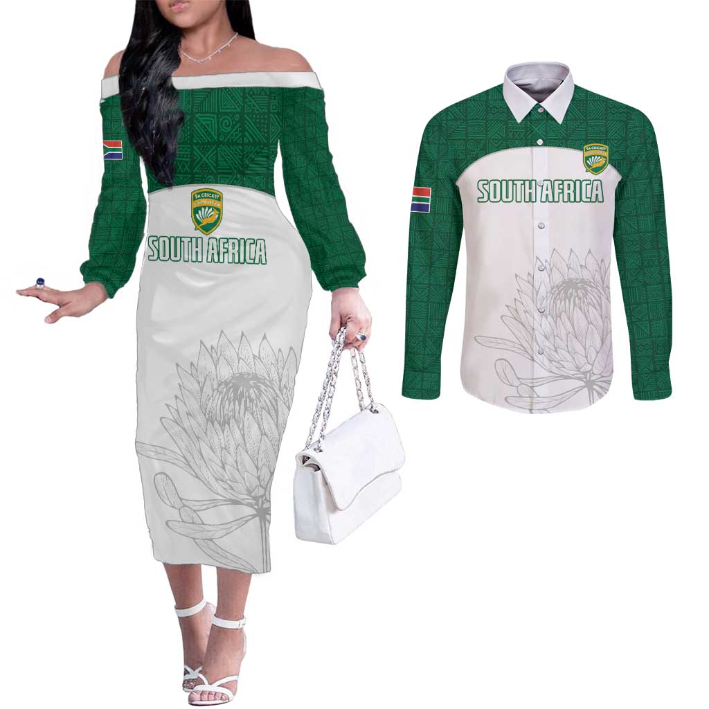 Custom South Africa Cricket Couples Matching Off The Shoulder Long Sleeve Dress and Long Sleeve Button Shirt Go Proteas