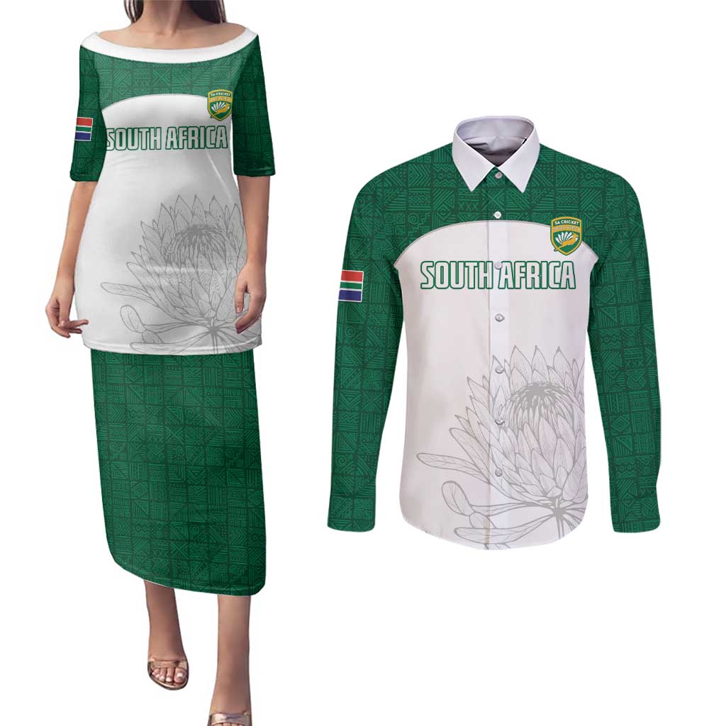 Custom South Africa Cricket Couples Matching Puletasi and Long Sleeve Button Shirt Go Proteas - Wonder Print Shop