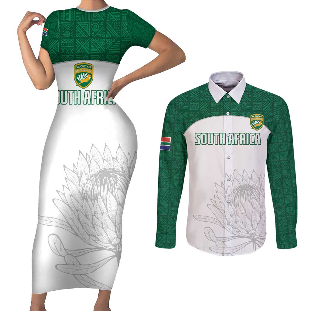 Custom South Africa Cricket Couples Matching Short Sleeve Bodycon Dress and Long Sleeve Button Shirt Go Proteas - Wonder Print Shop