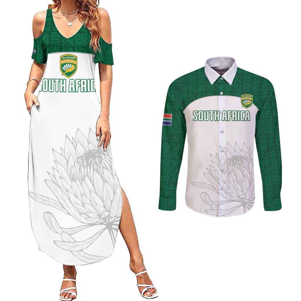 Custom South Africa Cricket Couples Matching Summer Maxi Dress and Long Sleeve Button Shirt Go Proteas - Wonder Print Shop