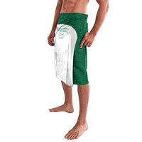 Green patterned lavalava shorts with elastic waistband and white custom graphic panel