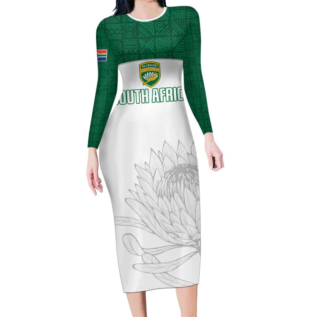 Custom South Africa Cricket Long Sleeve Bodycon Dress Go Proteas - Wonder Print Shop