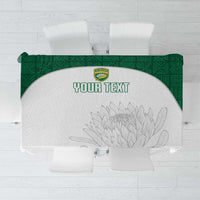 Custom cricket tablecloth with green border and gray floral pattern, personalized panel