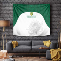Green cricket-themed tapestry with curved white panel, blank text area, and plant outline