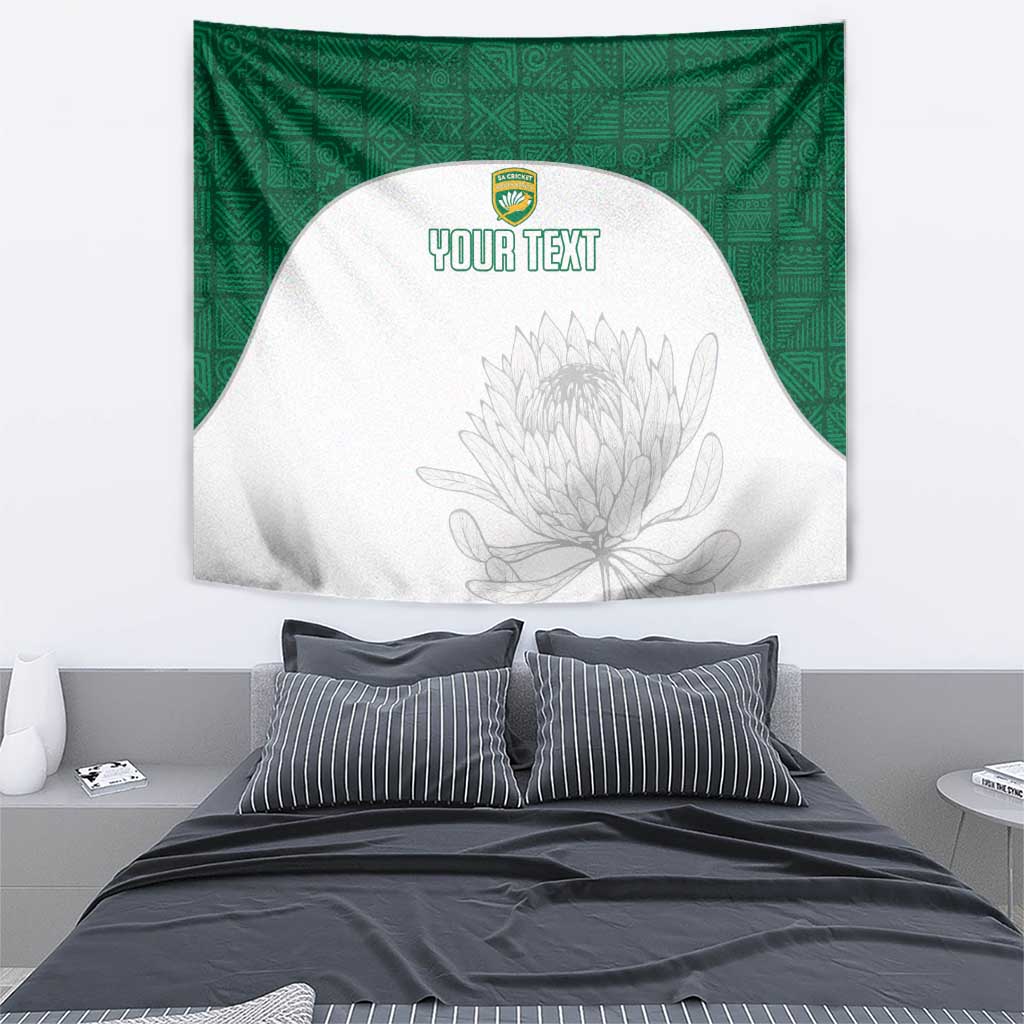 Green and white cricket tapestry with curved white center, “YOUR TEXT” and leaf sketch