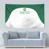 Green and white cricket tapestry with curved white center, “YOUR TEXT”, and floral line art